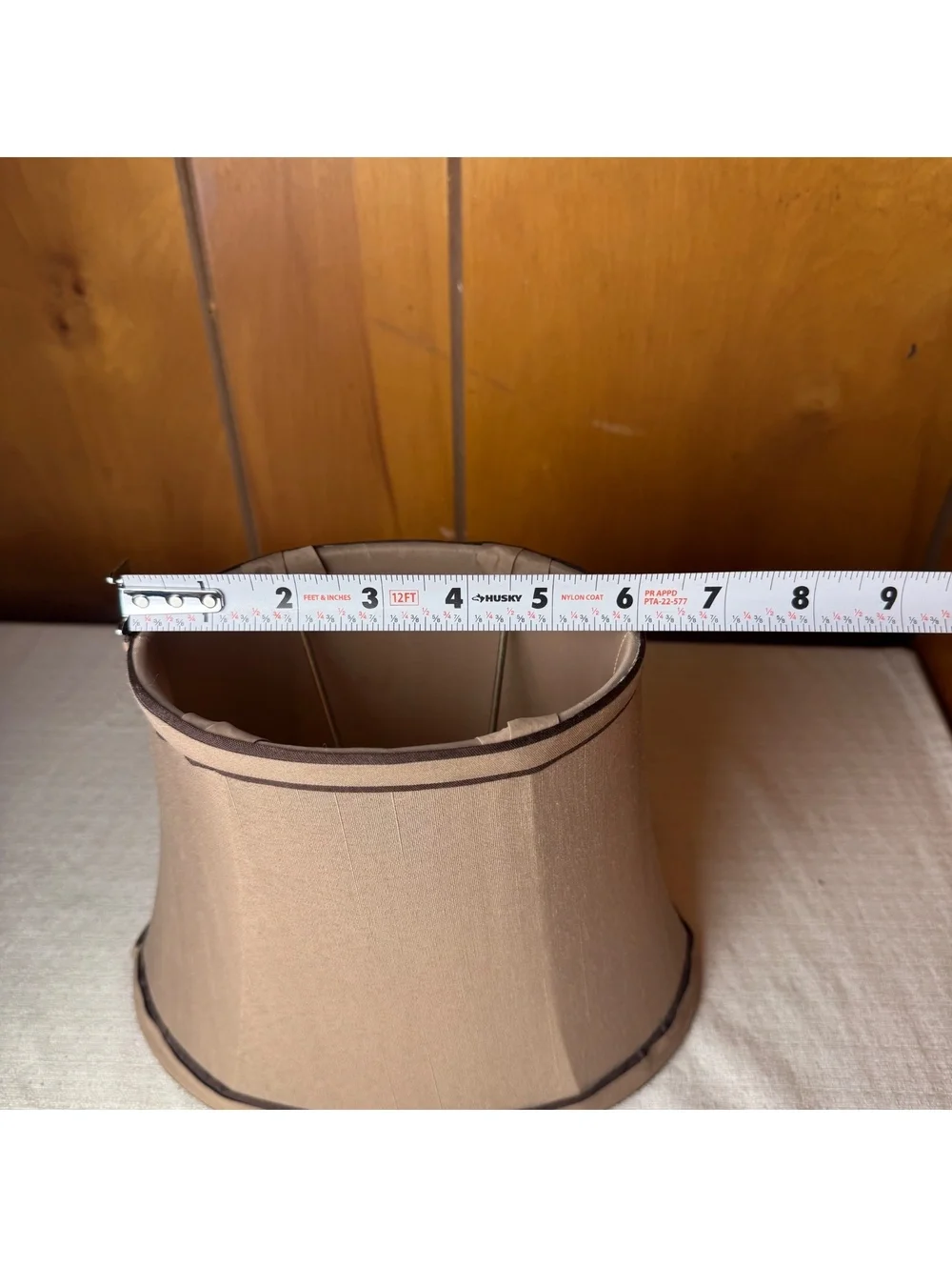 Vintage Bell Shaped Beige Fabric Lampshade Brown Trim 7 Inch Tall